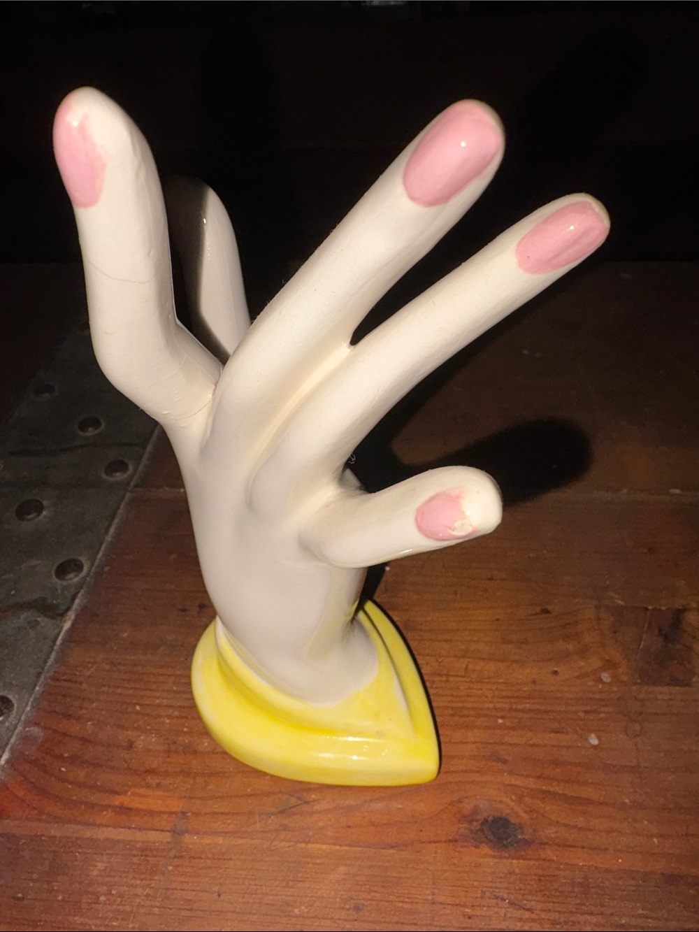 Ceramic Hand Jewelry Stand in White with Pink Nails and Yellow Base